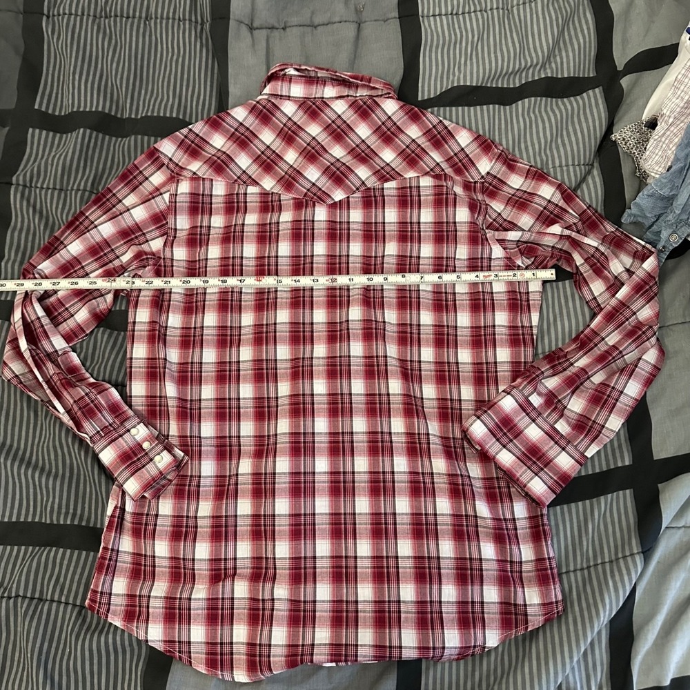Wrangler Shirt Mens Large Red Blue Plaid Western Cotton Blend Pearl Snap Casual - Picture 4 of 4